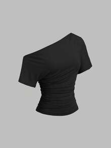 Sweetra Neue Frühlings-/Sommer-Damen Modische High Street Chic asymmetrische Schulter Slim Fit sportliche vielseitige bequeme Casual T-Shirt - Schwarz - Übersicht 1