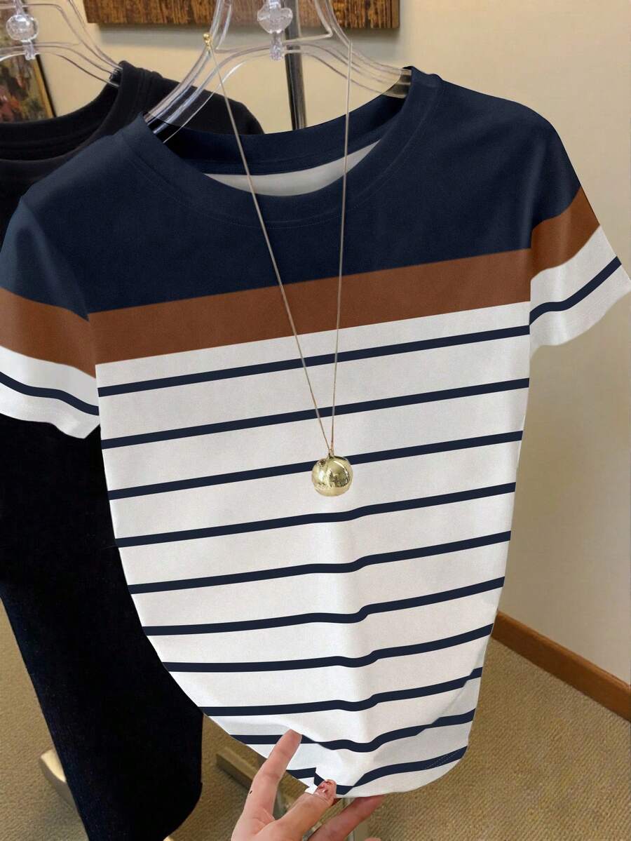 Resyla 撞色条纹印花女式白色T恤，夏季必备，时尚百搭，送给兄弟姐妹、姐妹、妈妈的理想礼物，母亲节礼物，休闲又不失时尚感的上衣 - 彩色 - 查看 1