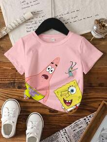 SpongeBob SquarePants | SHEIN Áo thun tay ngắn cổ tròn in hình hoạt hình dành cho bé gái - trắng - Xem 7