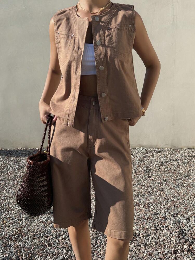 Women's Casual Sleeveless Top And Shorts Cotton Solid Color Denim Suit, Summer