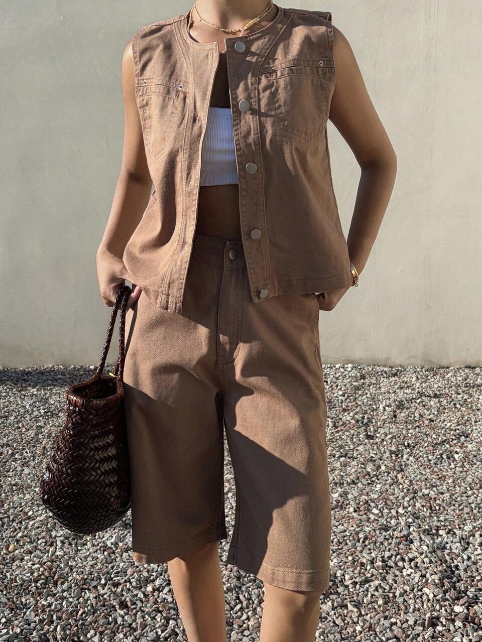 Women's Casual Sleeveless Top And Shorts Cotton Solid Color Denim Suit, Summer