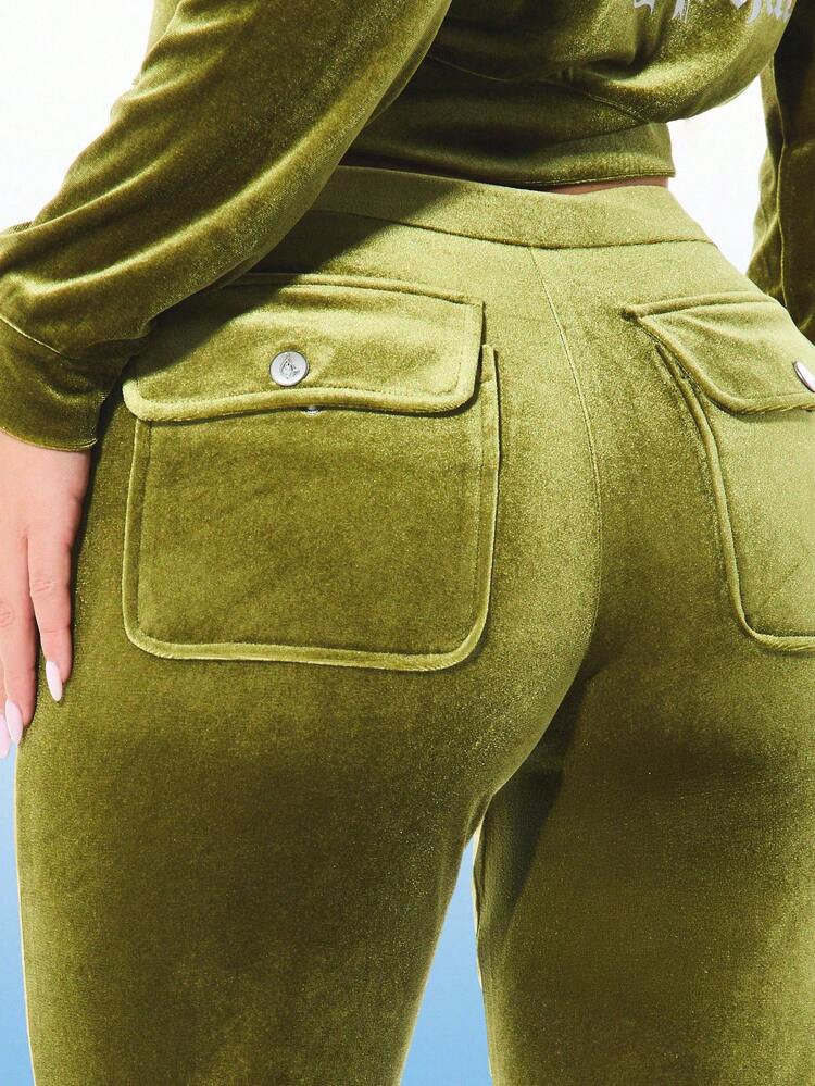 BABYPHAT Women's Olive Green Velvet Jogger Sweatpants With Gothic Pink Letter Print Side Pockets Flare Leg Style Casual Loungewear Comfort Pants