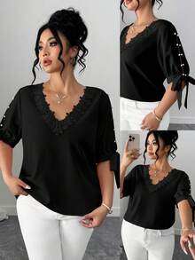 Elenzga Blus Wanita Ukuran Besar Elegan dengan Desain Bahu Terbuka, Leher Bulat, Ruffle, Tali Pengikat, dan Lengan Setengah, serta Hiasan Mutiara. - Hitam - View 1