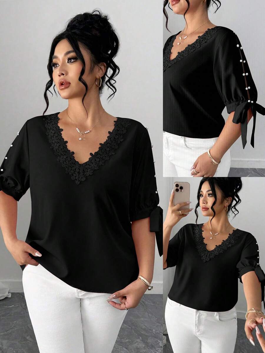 Elenzga Blus Wanita Ukuran Besar Elegan dengan Desain Bahu Terbuka, Leher Bulat, Ruffle, Tali Pengikat, dan Lengan Setengah, serta Hiasan Mutiara. - Hitam - View 1