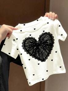 SHEIN Cute Ballerina Mini Bow Print Black Elegant Chic Bow Print Pattern T-Shirt, Suitable For Summer Casual Outings, Young Girl Graphic Tee - Multicolor - View 3
