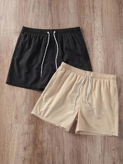 Manfinity Joysei Men Solid Color Drawstring Beach Shorts, Suitable For Beach Vacation Or Swimming Pool Wear (2 Pieces In Pack)