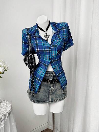 Sunspun Plus Size Women Plaid Single-Breasted Casual Versatile Daily Wear Short Sleeve Shirt