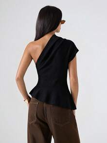 LYSMO 2026 New Minimalist Spring Women's Solid Color Asymmetric Neckline Ruched Elegant Knit Top, Black - Black - View 2