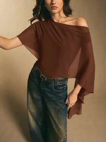 Poéselle 女士纯色不对称褶皱连体衣 - 鏽棕色 - 查看 5