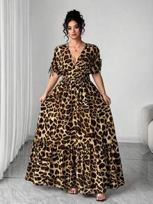 Elenzga 大码女式V领收腰喇叭豹纹优雅连衣裙 - 黃色 - 查看 5