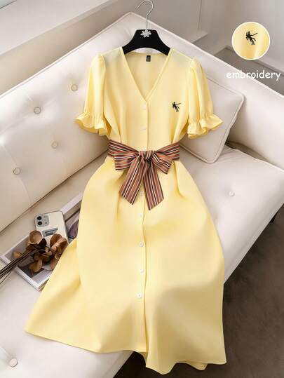 GlowEve Women's Elegant Casual Buttercup Yellow Petal Sleeve V-Neck Cardigan Midi Dress With Embroidery, Spring/Summer