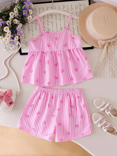 SHEIN Elladie kids Conjunto de top de tirantes y shorts con estampado de rayas y moños en color rosa para niña, atuendo dulce y lindo cómodo para salidas de verano