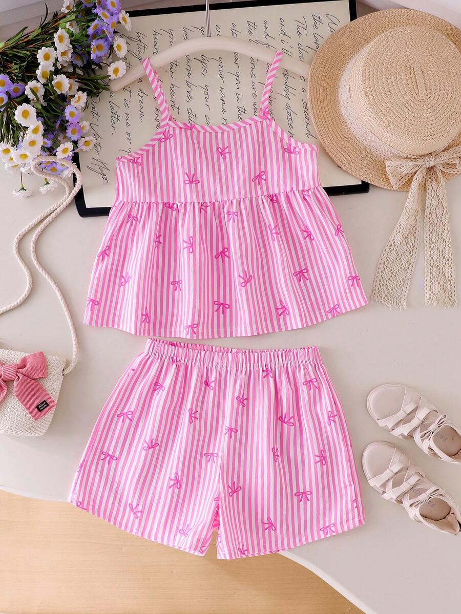 SHEIN Elladie kids 小女孩粉色条纹蝴蝶结印花吊带背心和短裤套装，甜美可爱，舒适的夏季外出装扮