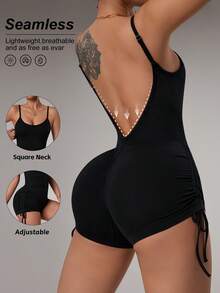 SHEIN Dewbera Bộ áo liền quần hở lưng màu đen dành cho nữ, quần đùi dây rút nâng mông, áo liền quần liền thân không đường may thích hợp cho tập thể dục yoga. - màu đen - Xem 1