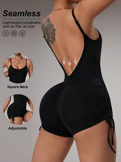 SHEIN Dewbera 黑色露背连体裤，提臀抽绳短裤，无缝连体裤，适合健身瑜伽运动