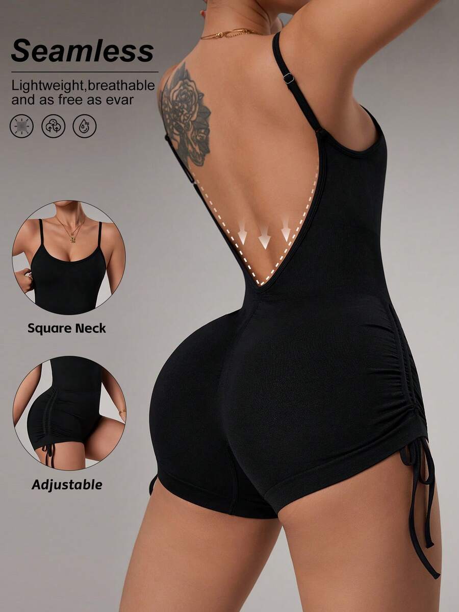 SHEIN Dewbera Bộ áo liền quần hở lưng màu đen dành cho nữ, quần đùi dây rút nâng mông, áo liền quần liền thân không đường may thích hợp cho tập thể dục yoga. - màu đen - Xem 1