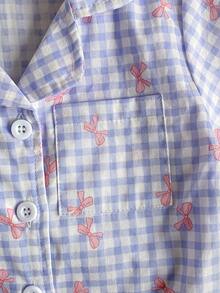 2件套女婴甜美可爱蓝白格子粉色蝴蝶结印花开襟短袖上衣和裤子口袋设计舒适睡衣套装 - 紫色 - 查看 3