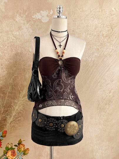 Attitoon Vintage Western Style Knit Print Mesh Women Camisole Top, Summer