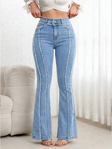 EMERY ROSE Quần jeans ống loe nữ, có túi, cài nút, gấu quần rách, kiểu dáng thường ngày, đa năng, phù hợp đi làm. - Màu xanh lam - Xem 3