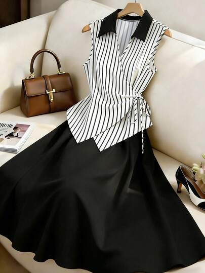 GlowEve CURVE Women's Plus Size Striped Woven Fabric Collared Sleeveless Tie-Waist Straight Top Paired With A-Line Maxi Skirt, Comfortable & Versatile Elegant Professional Casual Outfit, Spring/Summer