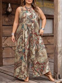 SHEIN CURVE+ Bộ áo liền quần ống rộng, dáng rộng, họa tiết thực vật, có túi, cỡ lớn, thích hợp cho mùa hè, phong cách nghỉ lễ/bohemian dành cho nữ. - Nhiều màu - Xem 6