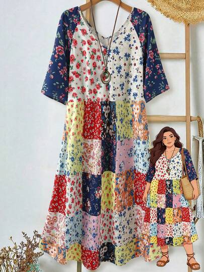 EMERY ROSE 大码女式V领拼接印花休闲度假日常连衣裙