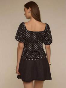 ATUI Studio Women's Elegant Sexy Polka Dot Print Tie Front Blouse, Summer - Black - View 4