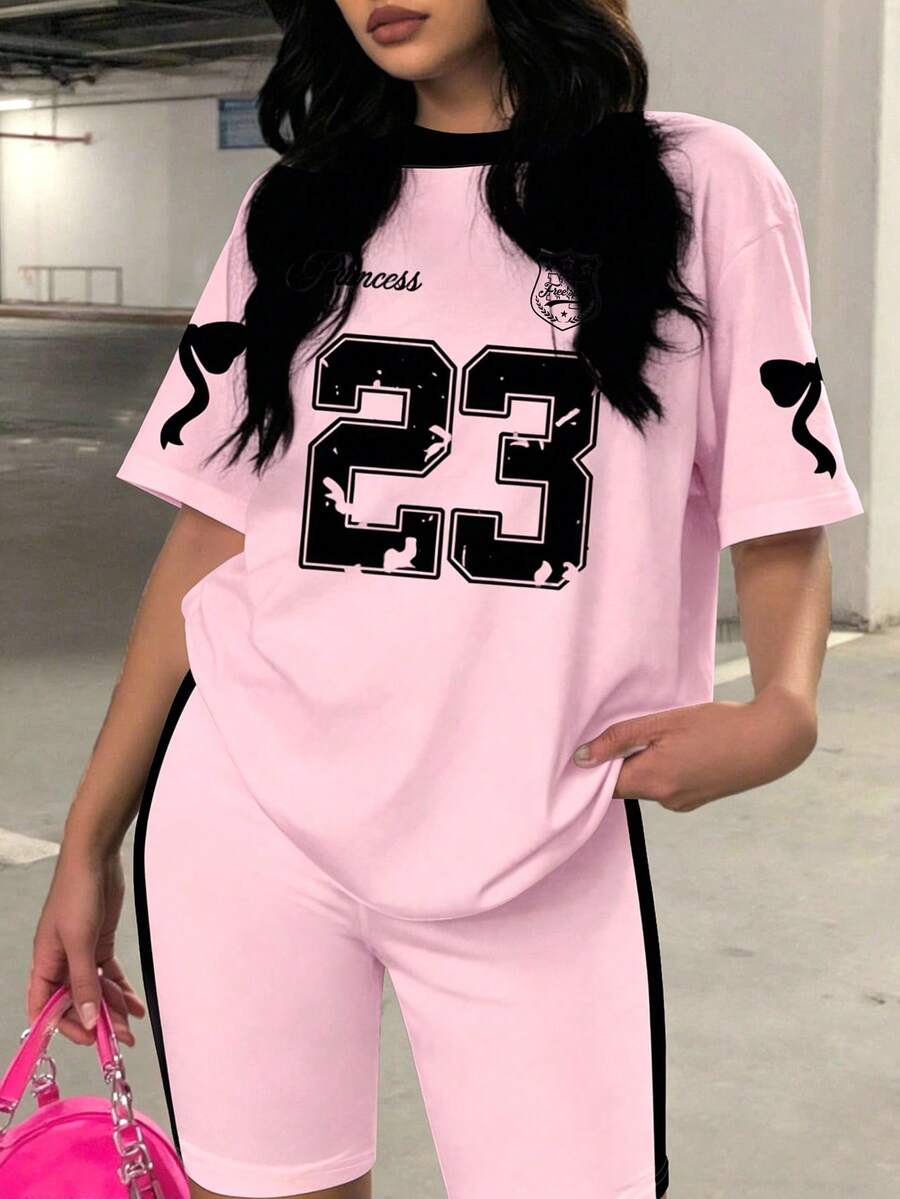 Slaydiva Plus Size Summer Casual Bow & Numeric Print T-Shirt And Shorts 2pcs Set - Baby Pink - View 1