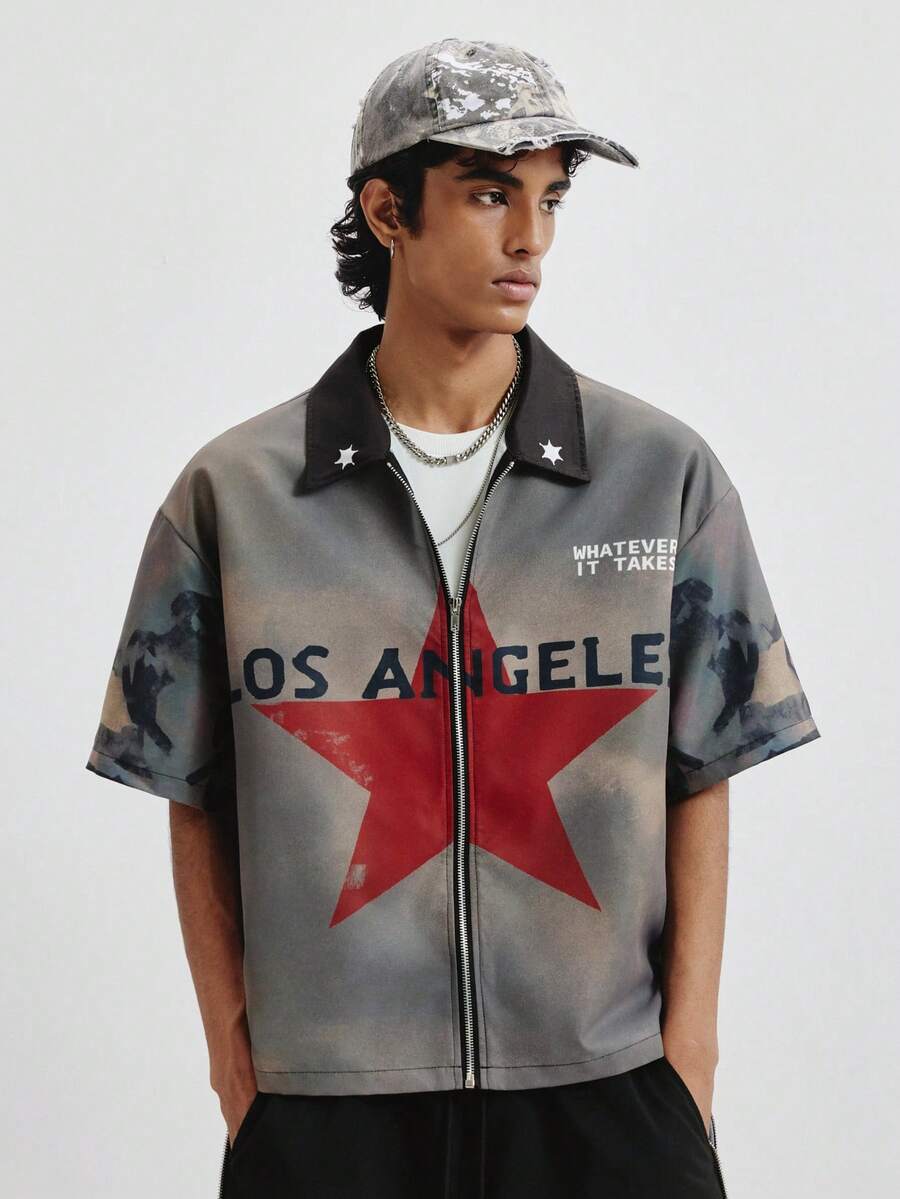 TOKVUE Men's Casual Street Style Zip-Up Short Sleeve Shirt - Black - View 1