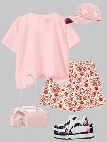 Bộ 2 món cho bé gái tuổi teen, gồm áo thun ngắn tay cổ tròn thắt nơ và quần short họa tiết hoa nhí, thích hợp mặc hàng ngày vào mùa hè, đi chơi, nghỉ mát, du lịch, thư giãn mùa hè. - Nhiều màu - Xem 2