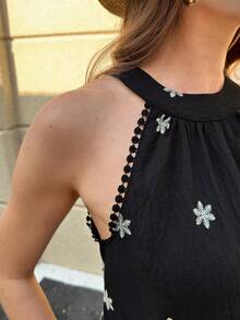 Solivie Women's Vacation Casual Printed Halter Shirt Summer Outfits  Summer Tops  Summer Women's Retro Vacation Commuting Casual Elegant Versatile Classic Black And White Color Blocking Embroidered Halter Neck Vest With Three-Dimensional Embroidery   Summer Top - Black - View 8