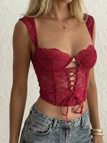 Aloruh 红色蕾丝上衣 红色网纱上衣 红色束身衣 红色上衣 女士性感可爱红色上衣 红色系带上衣 蕾丝上衣 红色露脐上衣 女士束身衣 女士上衣 女士夏季上衣 红色蕾丝束身衣 女士性感上衣 - 紅色 - 查看 2