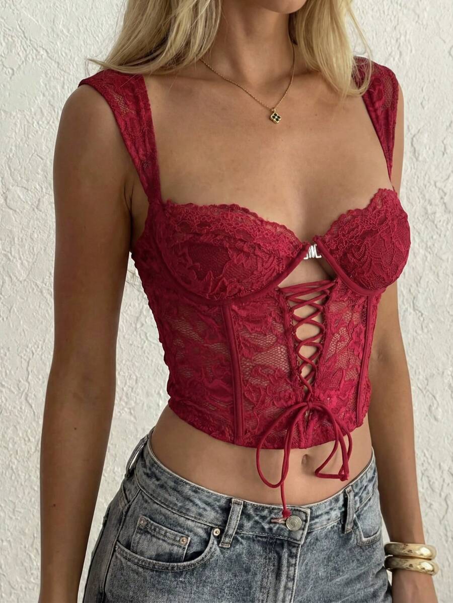 Aloruh 红色蕾丝上衣 红色网纱上衣 红色束身衣 红色上衣 女士性感可爱红色上衣 红色系带上衣 蕾丝上衣 红色露脐上衣 女士束身衣 女士上衣 女士夏季上衣 红色蕾丝束身衣 女士性感上衣