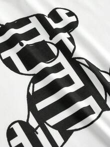 少女日常休闲圆领小熊印花T恤和印花打底裤套装 - 黑與白 - 查看 7