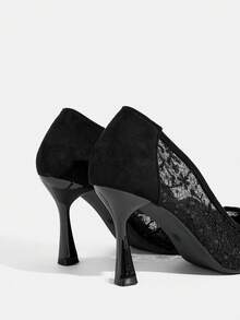 CUCCOO TILAWA Women's Solid Color Mesh High Heels, Lace Mesh Slip-On Shoes, Elegant High Heels, Pointed Toe Charming Formal Shoes - Black - View 5