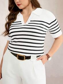 Zelara Plus Size Women's Black And White Striped Polo Shirt,Short Sleeve Knit Top For Summer Vacation Holiday,Traditional Sailor Nautical Yacht Outfit - Black and White - View 8