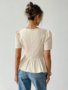 Rafferiza Women's Elegant Commuter Casual Outgoing Date Outfit A-Line Design Short Sleeve Blouse, Spring/Summer - Khaki - View 3