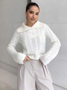 Marta Soriano 女士时尚宽松针织图案纽扣半开襟长袖毛衣，秋冬款 - 白色 - 查看 4