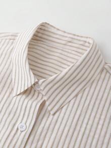 SHEIN Franclia 复古条纹短袖衬衫，夏季通勤时尚之选 - 卡其色 - 查看 7