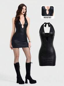 Breakform 女士性感哥特风鳄鱼纹针织深V领系带金属环装饰紧身迷你连衣裙 - 黑色 - 查看 3