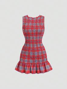 Sweetra Đầm nữ không tay cổ tròn in họa tiết kẻ caro, thích hợp cho năm mới, mùa hè. - Đỏ - Xem 1
