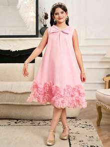 Vestido sin mangas elegante para niñas con decoración de moño y dobladillo con volantes, vestido sin mangas rojo gracioso para niños, adecuado para primavera y verano - Rosa - Ver 3