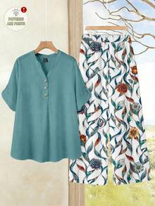 Rusticease 休闲简约度假风蓝绿色上衣搭配复古几何花卉印花长裤，大码女装两件套，适合夏季和初秋度假穿着。 - 彩色 - 查看 6