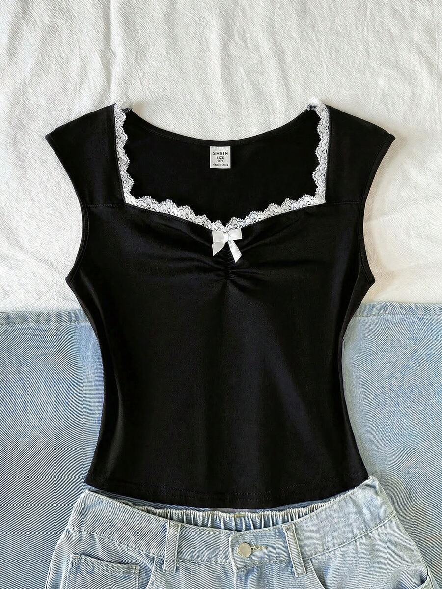 SHEIN 少女休闲简约度假风方领蕾丝边饰蝴蝶结装饰褶皱袖修身纯色针织T恤，春夏款 - 黑色 - 查看 1