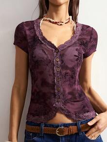 Bohemela Áo thun nữ tay ngắn cổ chữ V ôm dáng, màu trơn, phong cách BOHO, thích hợp cho kỳ nghỉ hè, đi nghỉ mát. - Màu tím - Xem 9