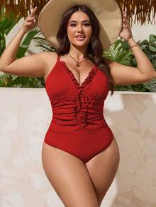 Swim Vcay بدلة سباحة قطعة واحدة مقاس كبير، بلون البن، مزينة بزخارف زهرية، خصر بسحاب، مجعد، مخفف للحجم، جذاب، كاجوال، أنيق للعطلات، مناسب لحفلات حمام السباحة - الأحمر - مشاهدة 6