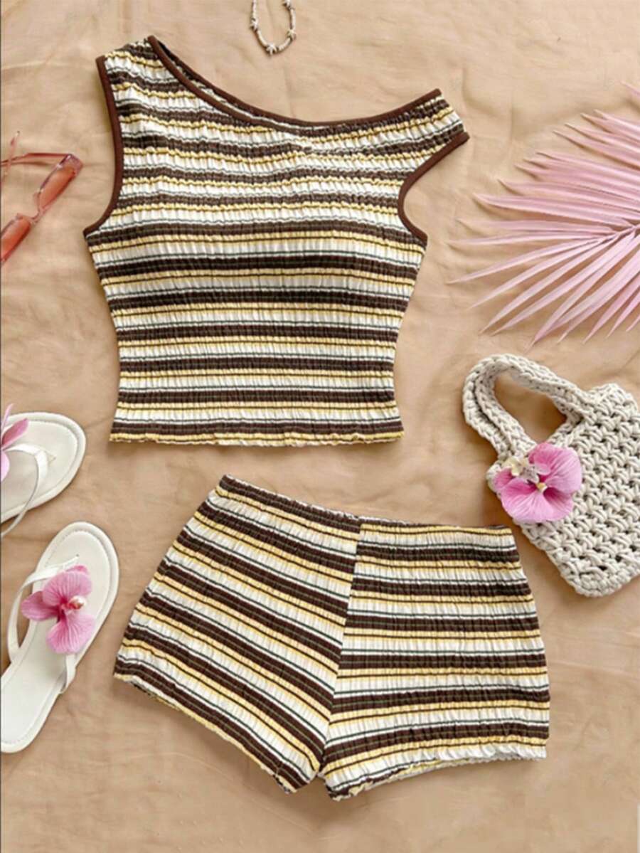 INAWLY Conjunto informal de 2 piezas de top con cuello asimétrico a rayas y shorts para mujer, para verano - Beis - Ver 1