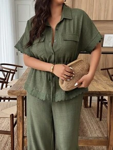 Weeklong Plus Size Women's French Style Casual Ruffle Waist Tie Suit, Leisure Daily Outfit, Spring/Summer - Army Green - View 4