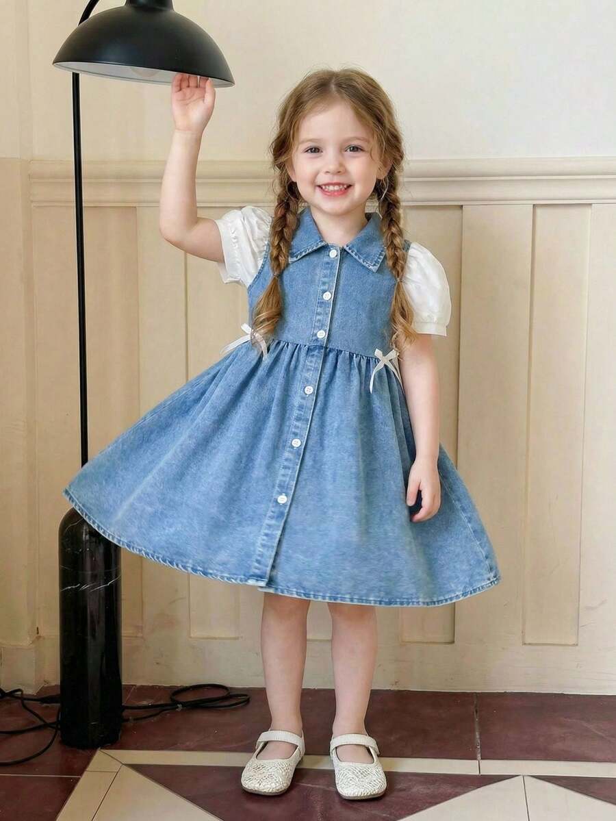 Elladie kids 1 chiếc đầm denim mùa hè kiểu dáng dễ thương, thoải mái dành cho bé gái, thiết kế phối màu. - Màu xanh lam - Xem 1