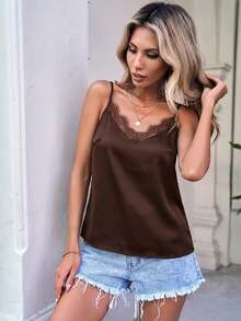 Easowa 女士纯色撞色蕾丝宽松吊带背心，休闲穿搭，女士穿搭灵感，流行穿搭，女士夏季穿搭，女士夏季上衣，夏季上衣，女士夏季穿搭，棕色吊带背心 - 棕色 - 查看 5